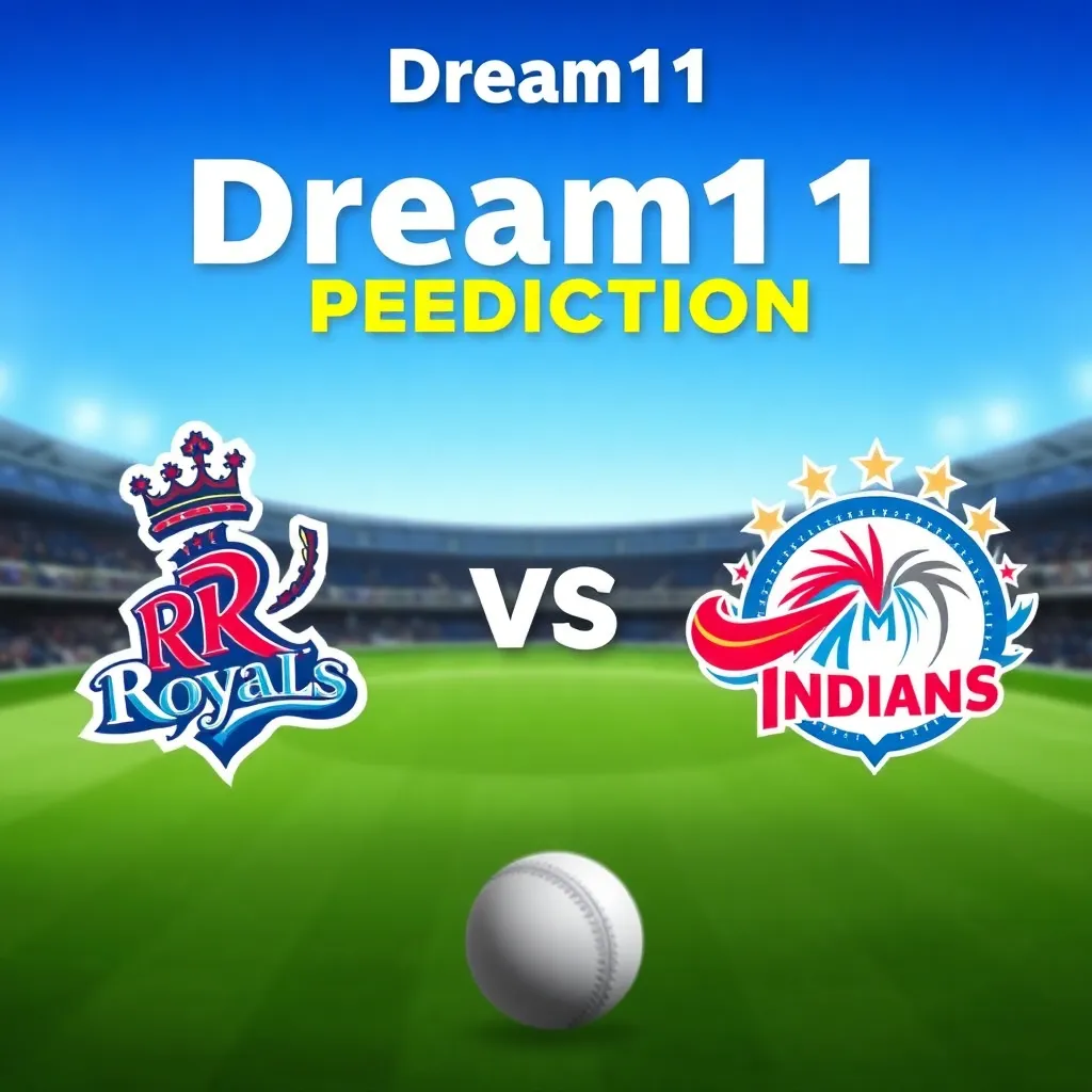 Dream11 prediction banner for Rajasthan Royals vs Mumbai Indians cricket match with team logos and cricket ball