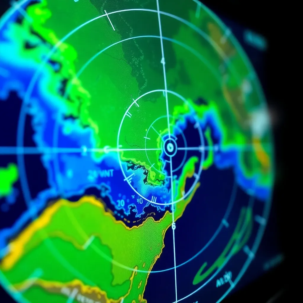 Close-up of a marine radar screen displaying navigational data with blue and green colors