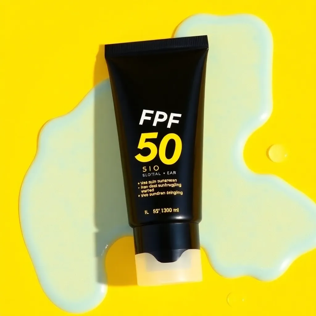 Foxtale SPF 50 Glow Sunscreen tube with water drops on a yellow background