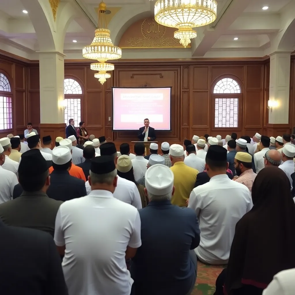 A seminar event about learning Fiqih Haji with people attending a lecture in a mosque hall