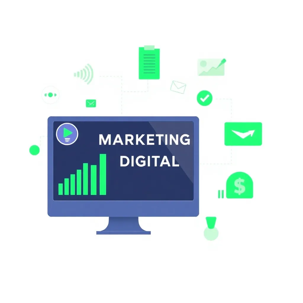 Imagem representando Marketing Digital com gráficos e ícones digitais em verde