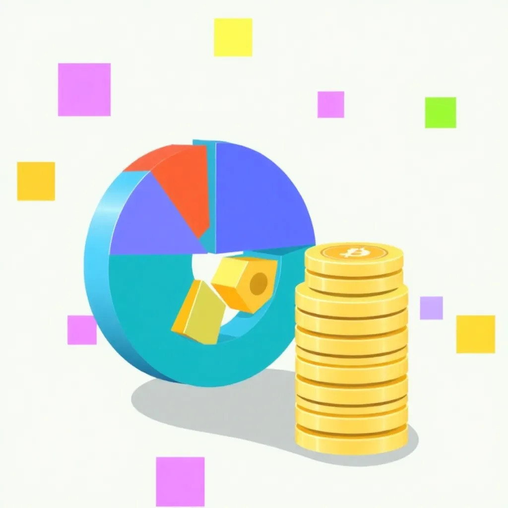 Illustration of a pie chart and stack of coins with colorful squares around