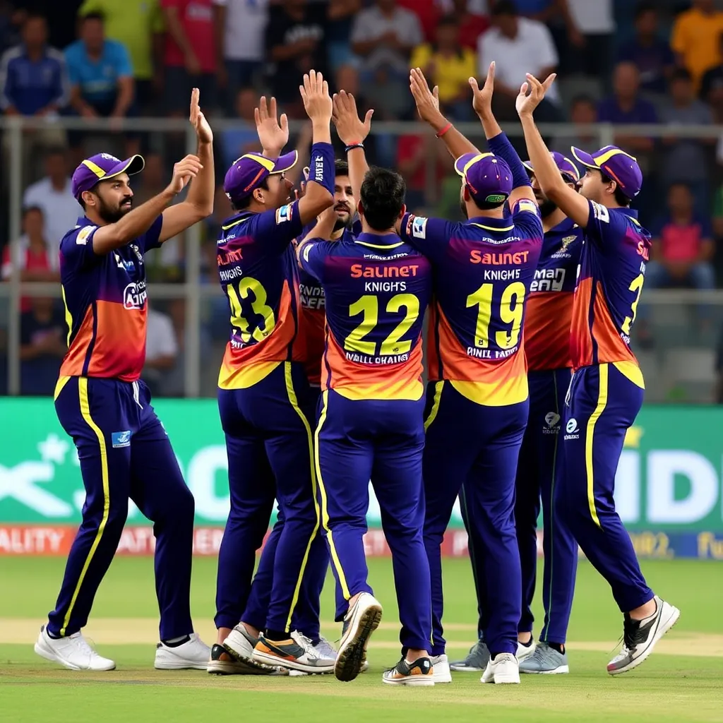 Kolkata Knight Riders players celebrating a narrow 1 run victory over Rajasthan Royals in IPL 2025