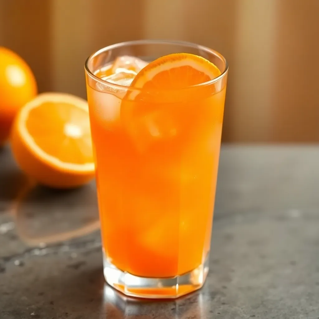 Glass of fresh orange juice with ice cubes and orange slice garnish