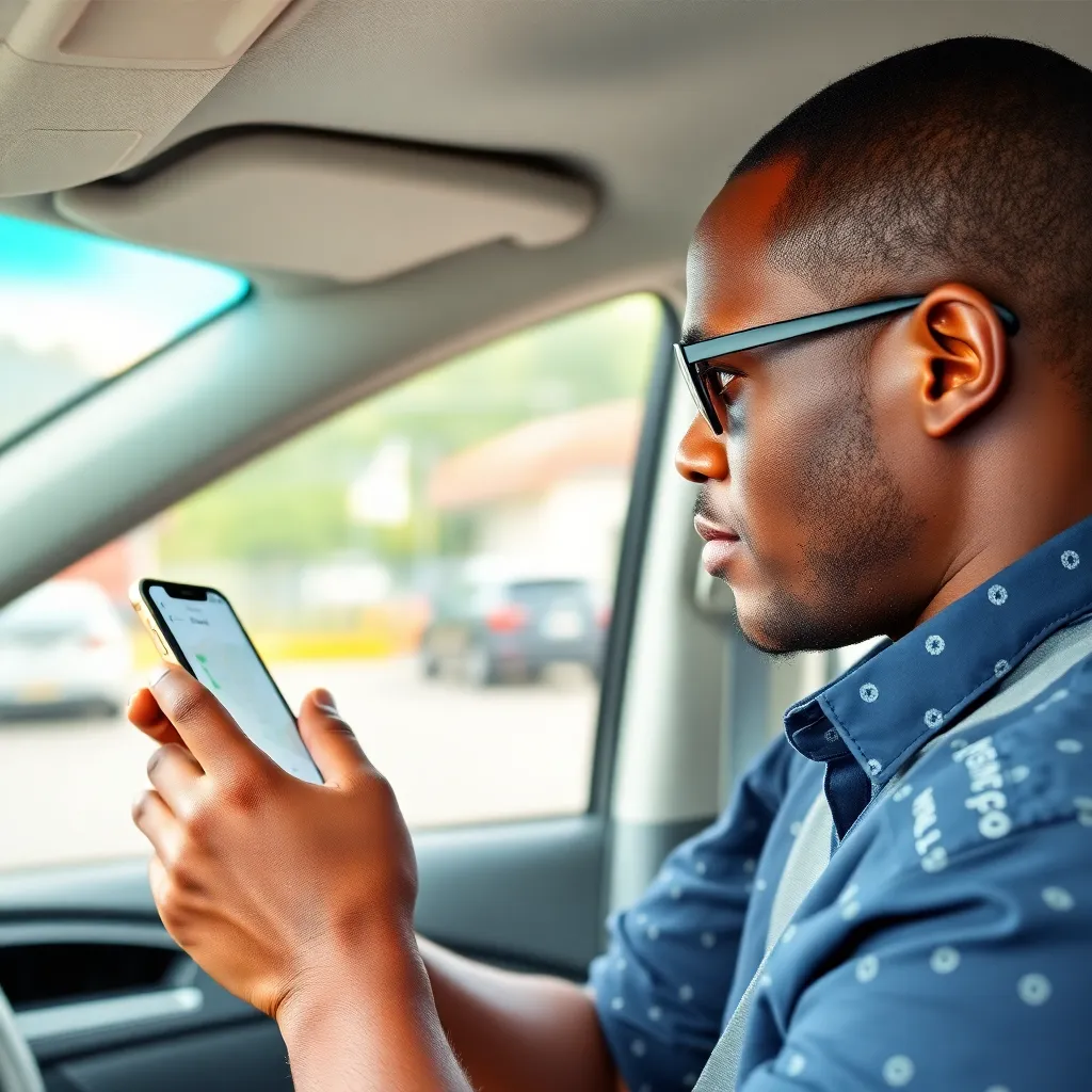 A Nigerian driver using a smartphone app inside his vehicle