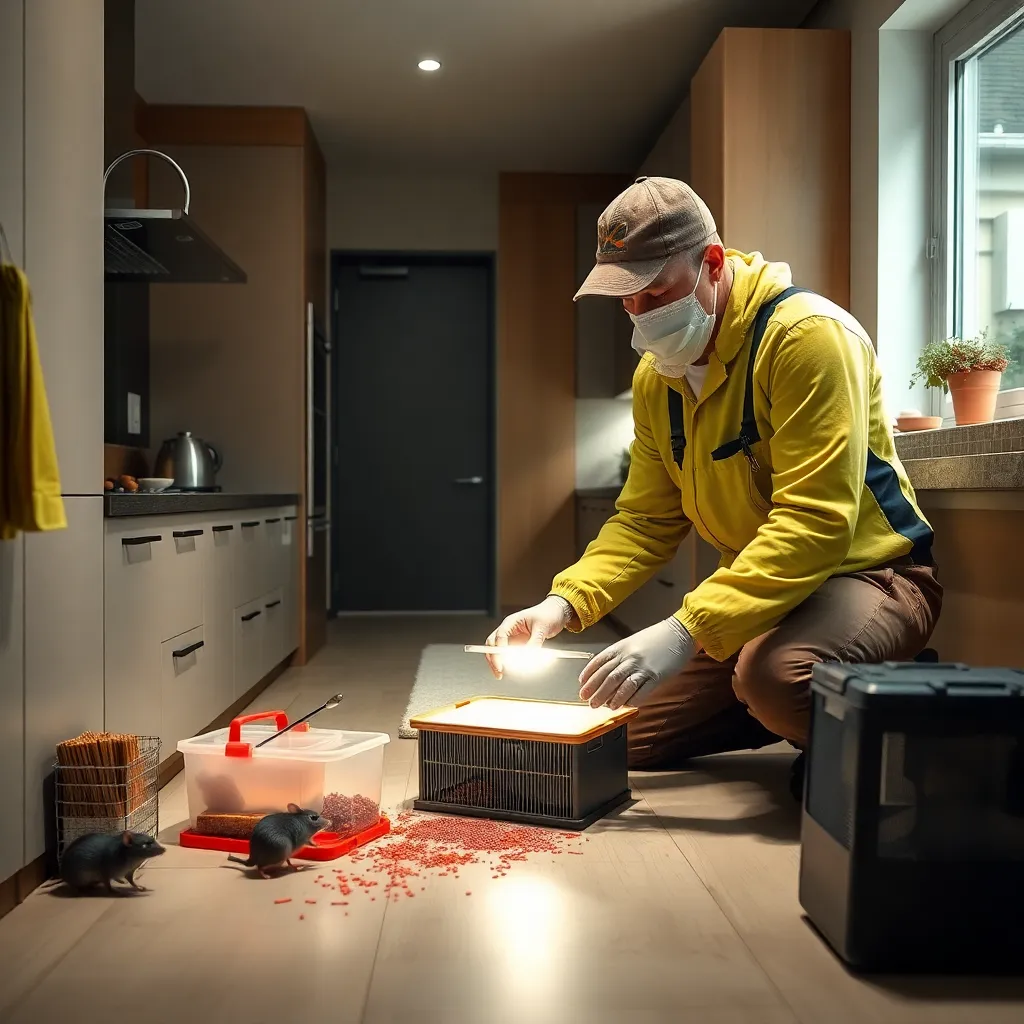 Pest control technician setting up rodent traps in a modern kitchen to control rat infestation
