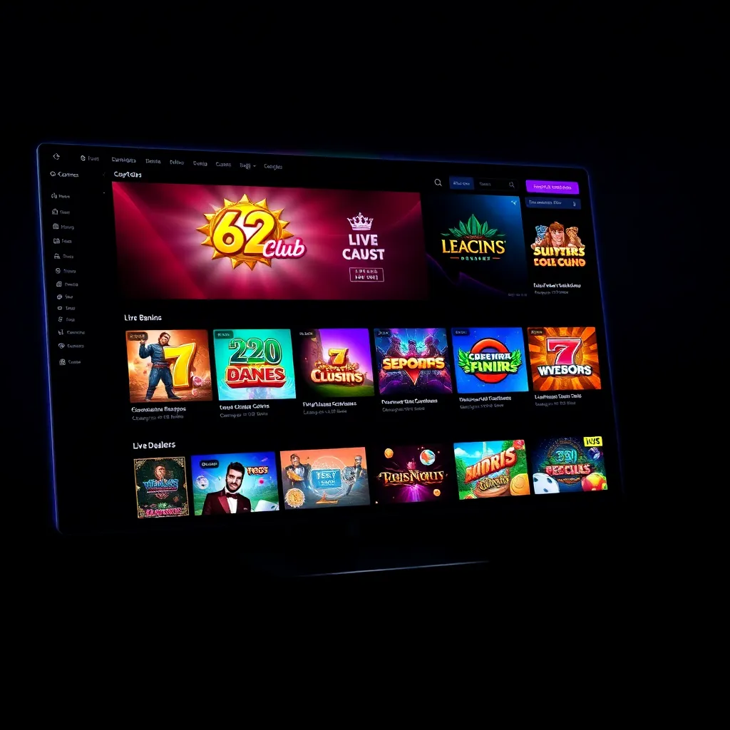 A sleek desktop interface of 62Club showing a variety of slot games and live dealer options with vibrant colors and intuitive navigation, displayed in dark mode with glowing neon accents