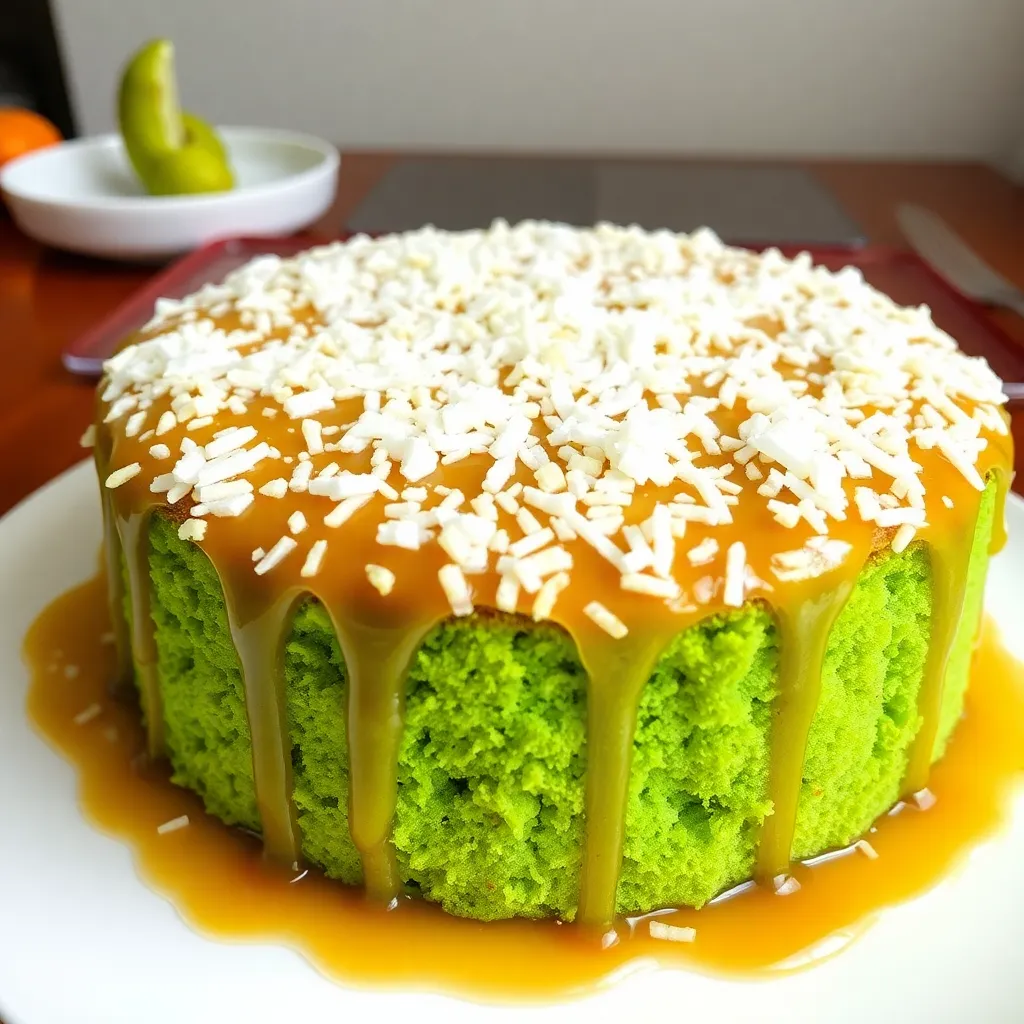 Kek Pandan Gula Melaka - pandan flavored cake with gula melaka syrup and grated coconut topping