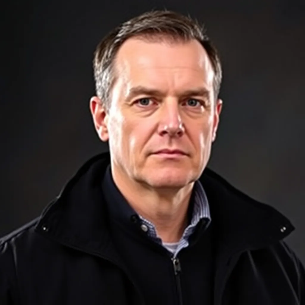Portrait of James King, a man with short dark hair and a serious expression, wearing a black jacket