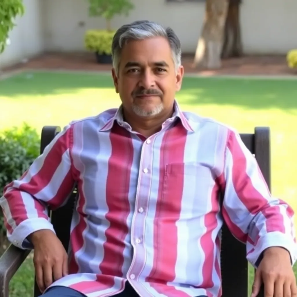 Man sitting on garden chair wearing red and white striped shirt