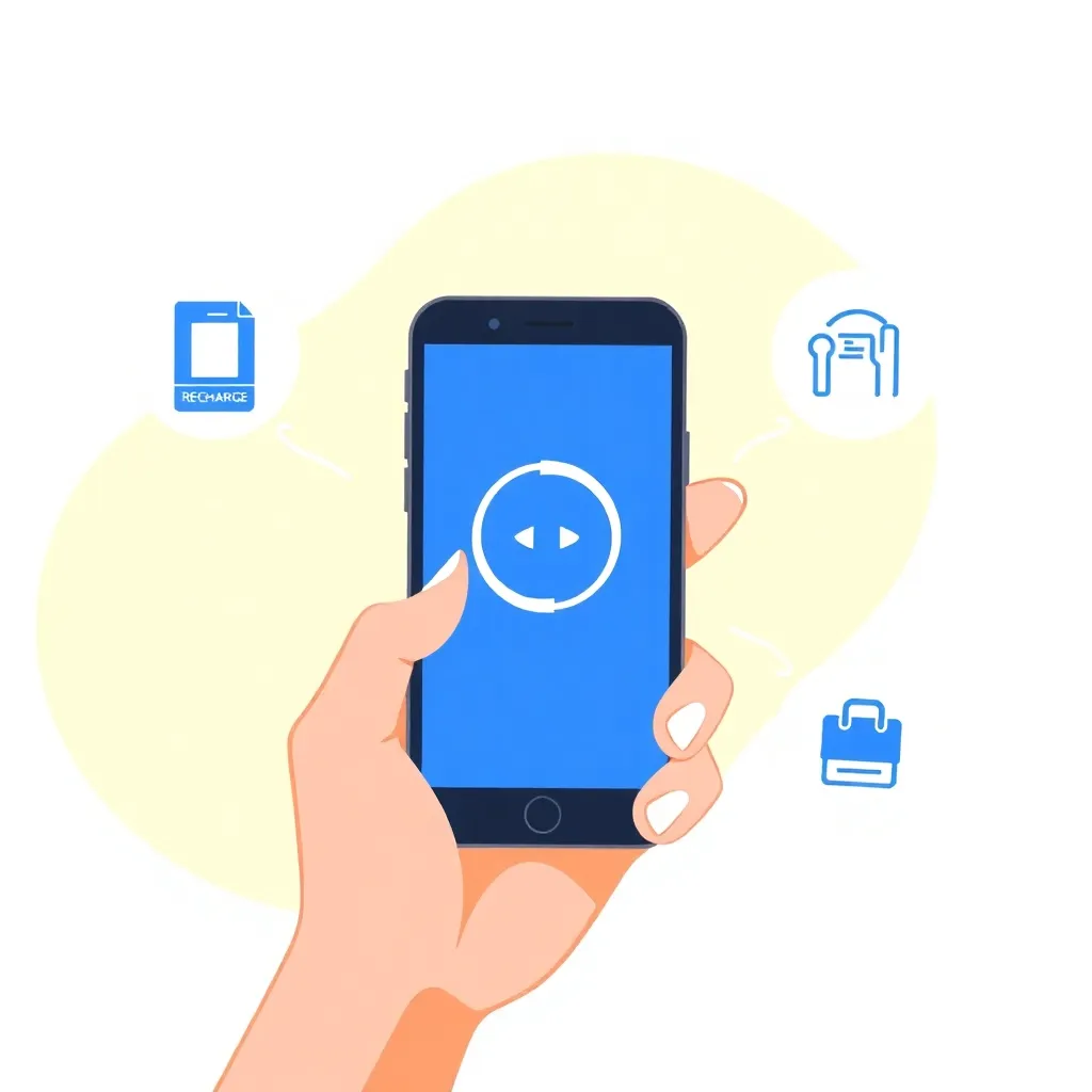 Illustration of a hand holding a smartphone with mobile recharge and internet connectivity icons around it, in blue and white colors