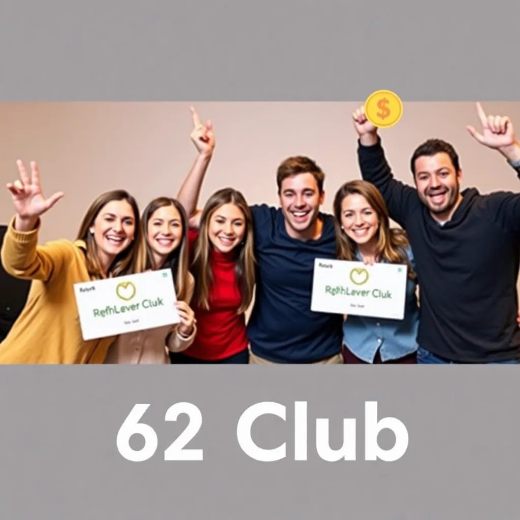 Group of friends celebrating referral bonuses with 62Club, showing happy faces and bonus icons
