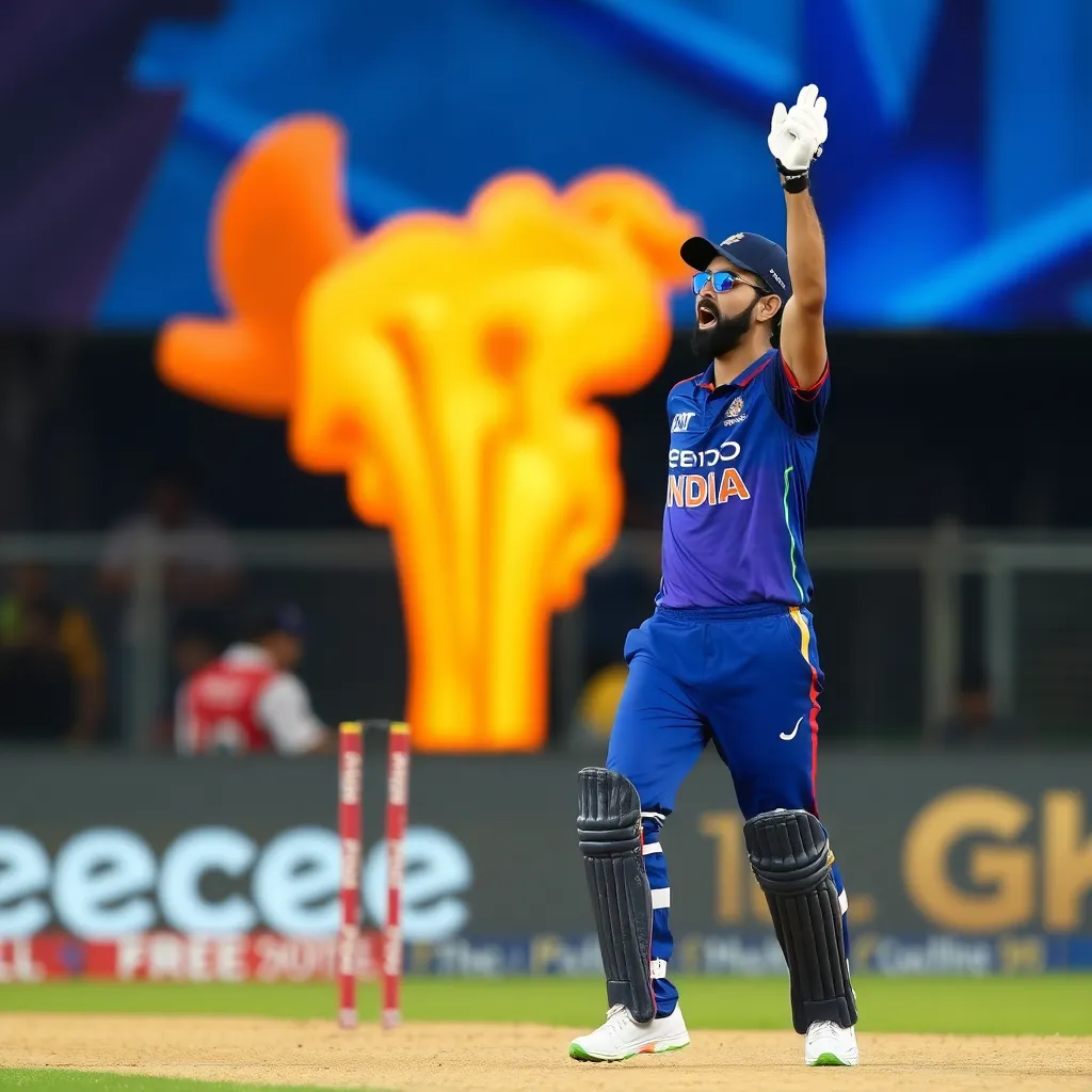 Virat Kohli celebrating a cricket wicket passionately on the field during IPL match