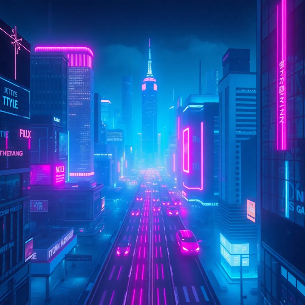 Futuristic cyberpunk cityscape background with neon lights glowing in blue and pink hues at night