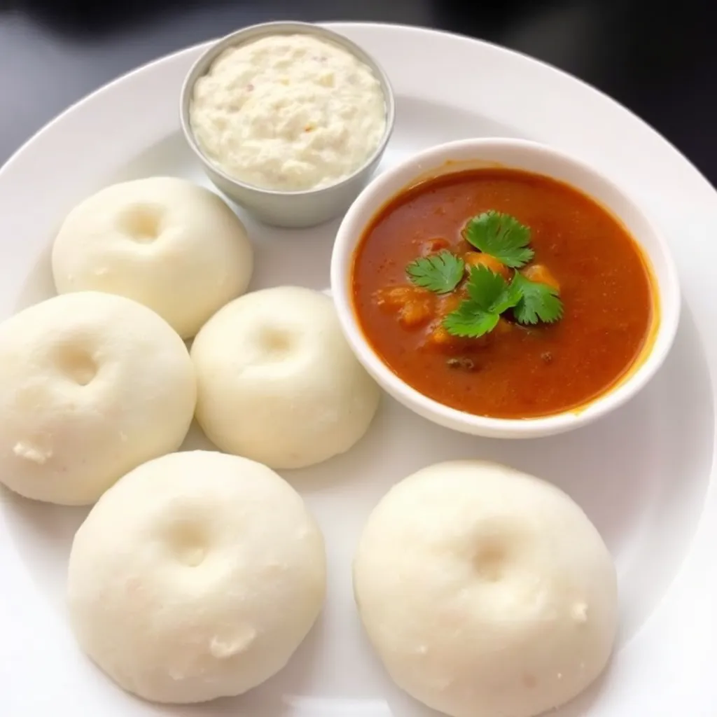 Steamed idlis served with bowl of sambar and coconut chutney