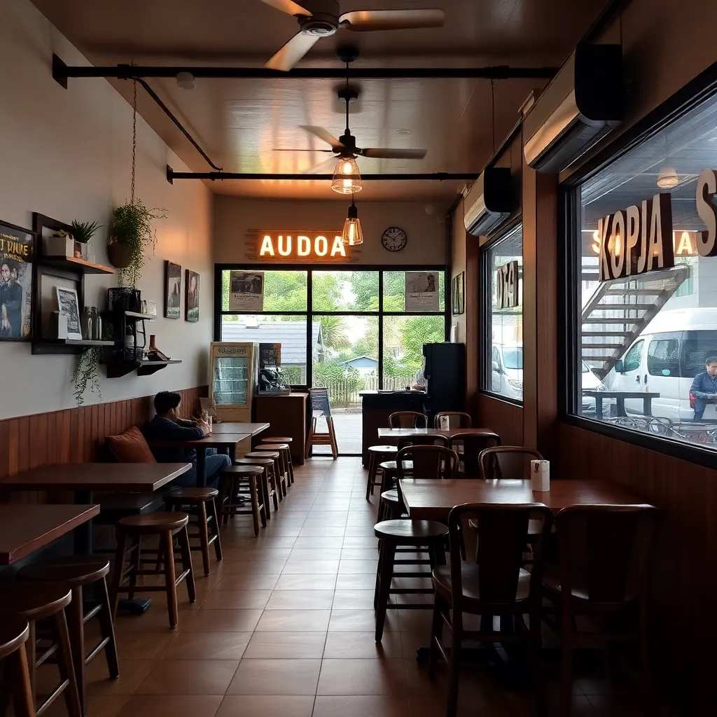 Interior kedai kopi Kopi Senja dengan suasana senja hangat dan pelanggan menikmati kopi