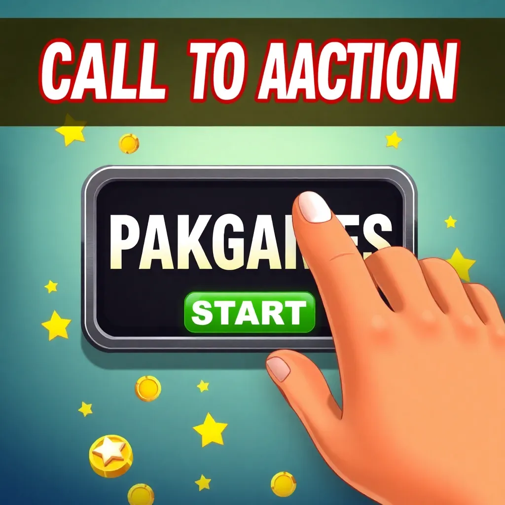 Call to action banner showing a player clicking on PakGames start button with excitement and winning icons