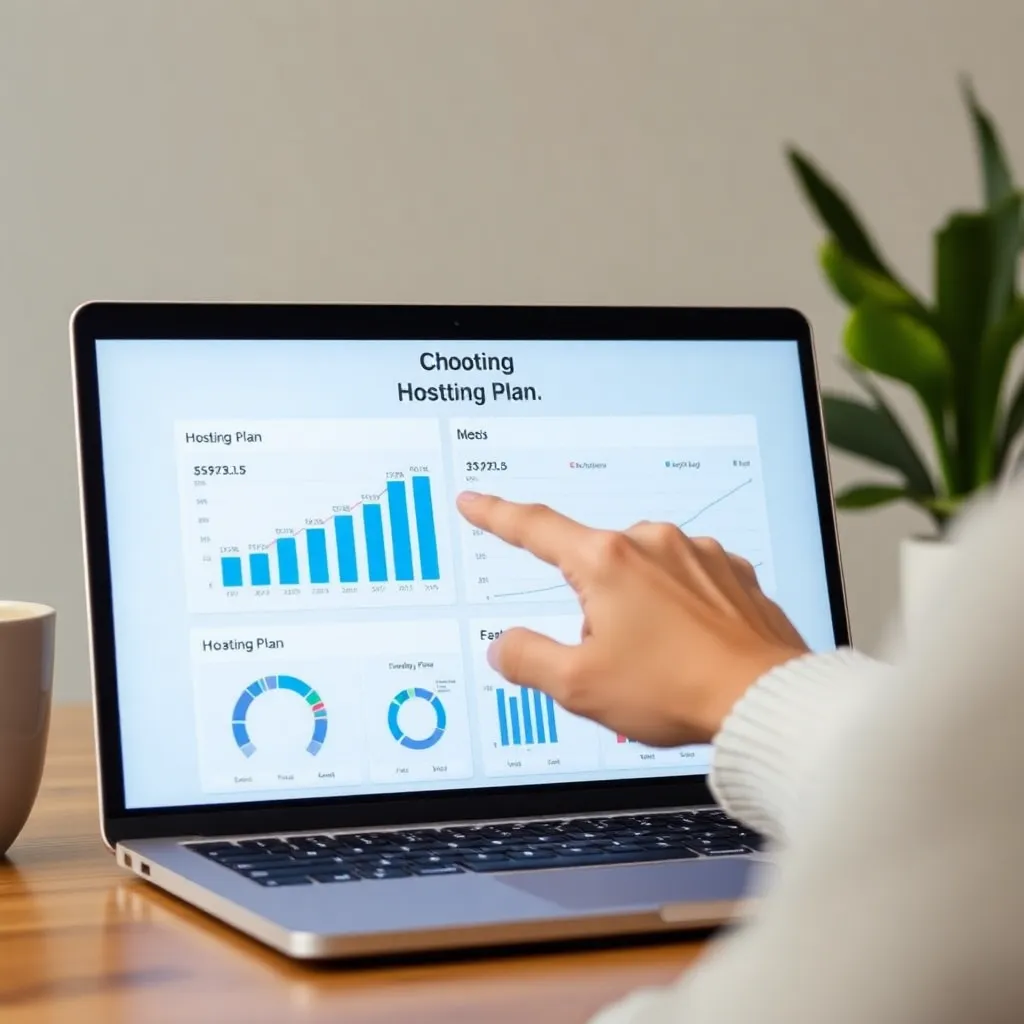 A person choosing a hosting plan on a laptop screen with charts and graphs