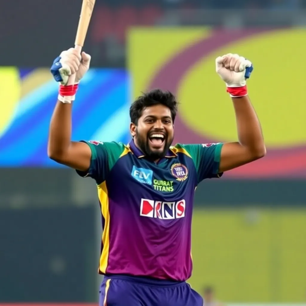 Sai Sudharsan celebrating after scoring runs in IPL 2025, Gujarat Titans jersey, ecstatic expression, stadium background