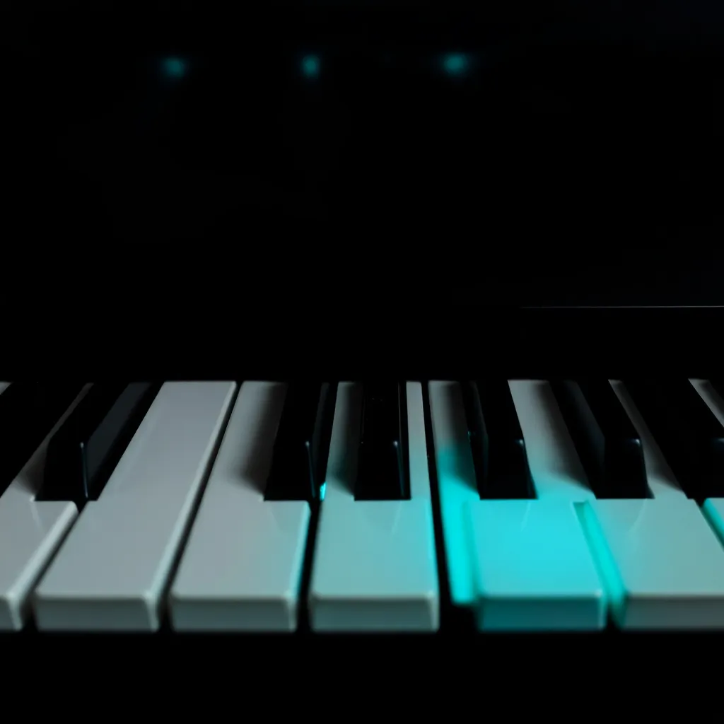 Album cover art depicting a black and white piano keyboard with cyan glowing keys