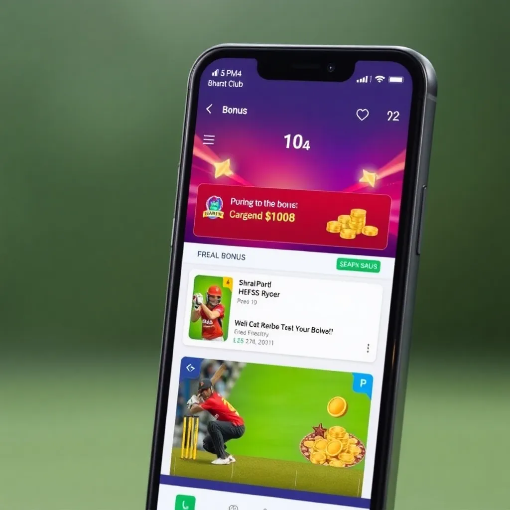 Mobile phone showing Bharat Club app interface with real-time bonus notifications and gameplay
