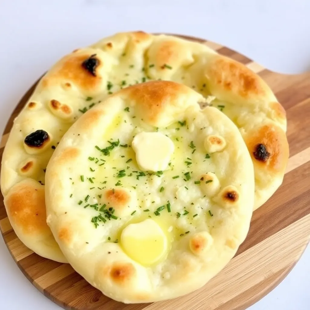 Freshly baked garlic naan bread with butter and herbs on a wooden board
