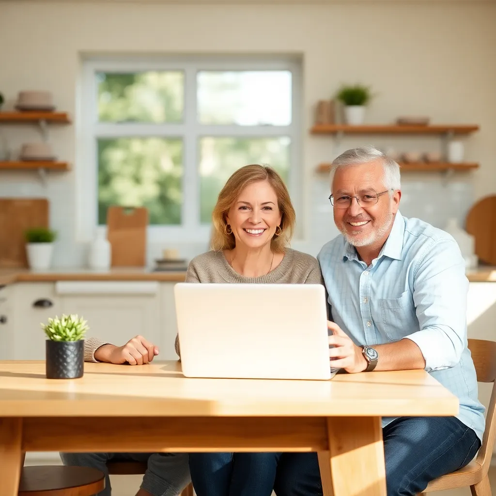 Smiling middle-aged couple sitting at a table with a laptop in a bright kitchen