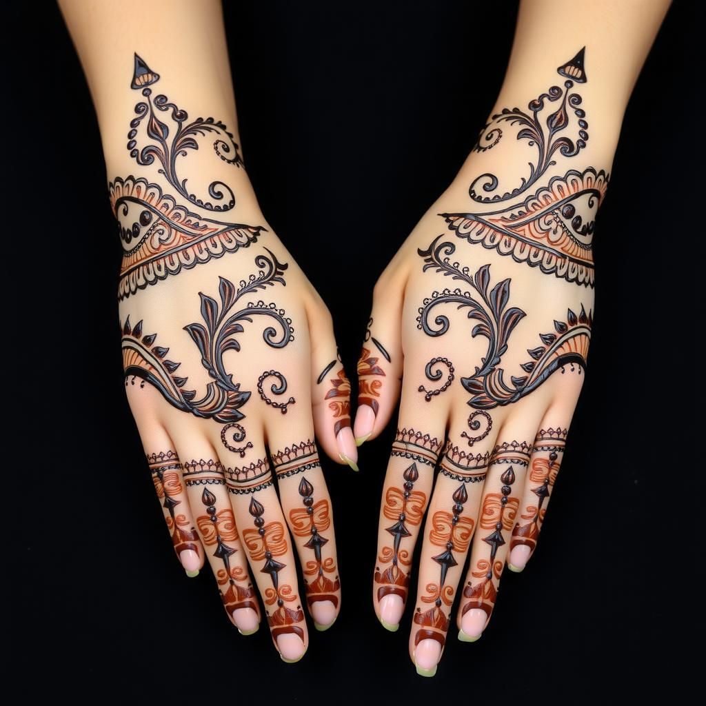 Mehndi pattern with intricate lace-like designs and fine detailing