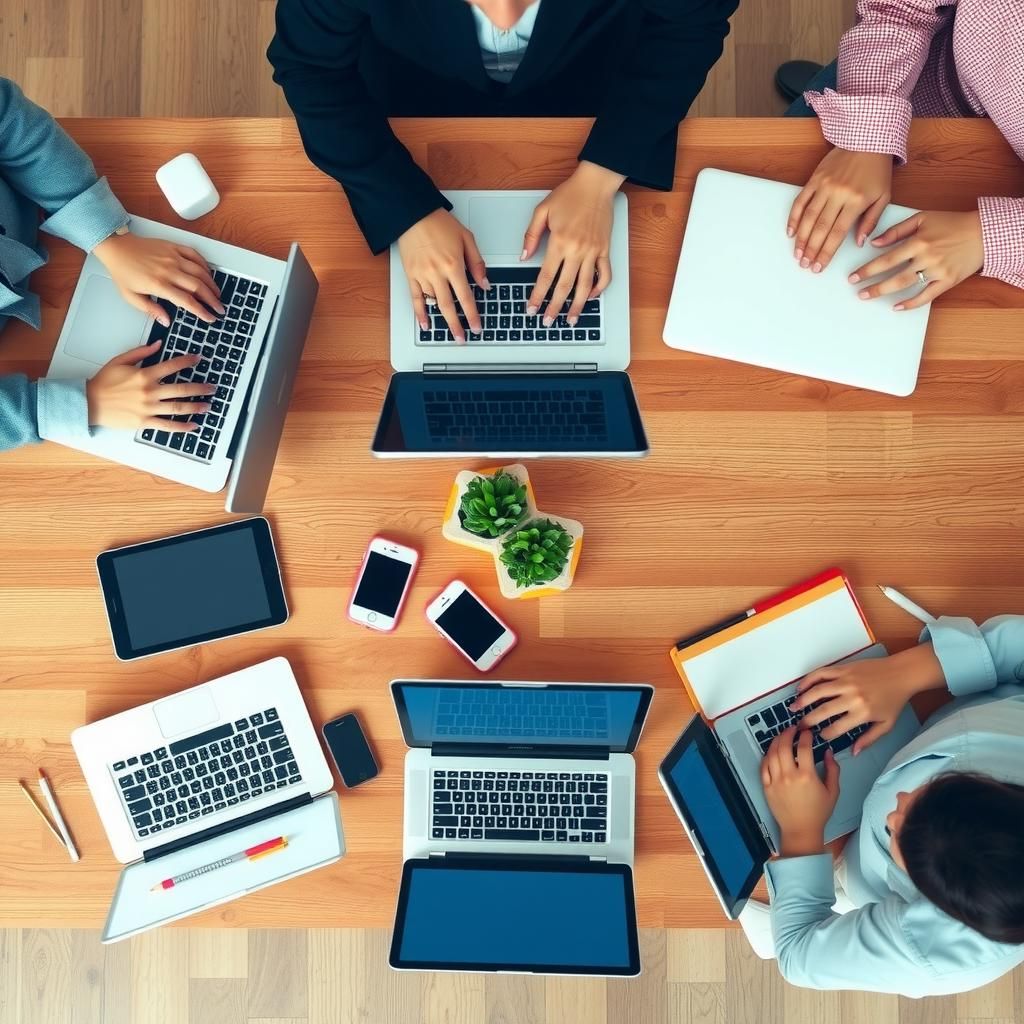 Overhead view of people working on laptops and tablets at a wooden table