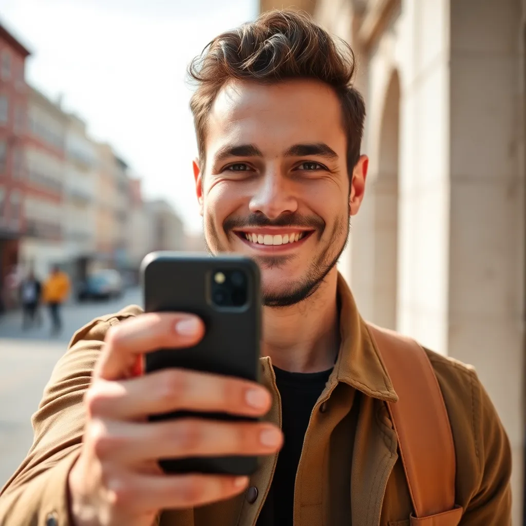 Guy smiling and taking a selfie with his phone