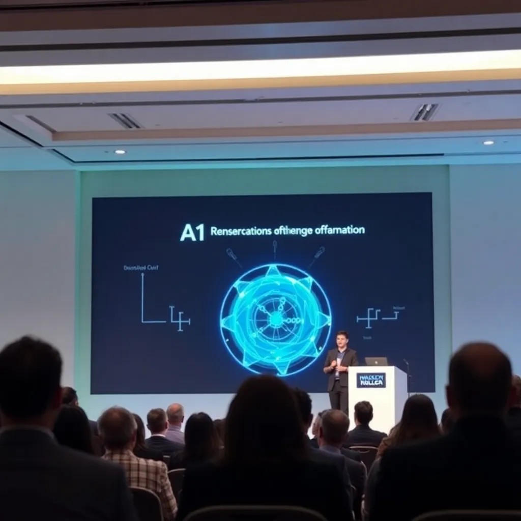 A speaker presenting AI research findings at a conference