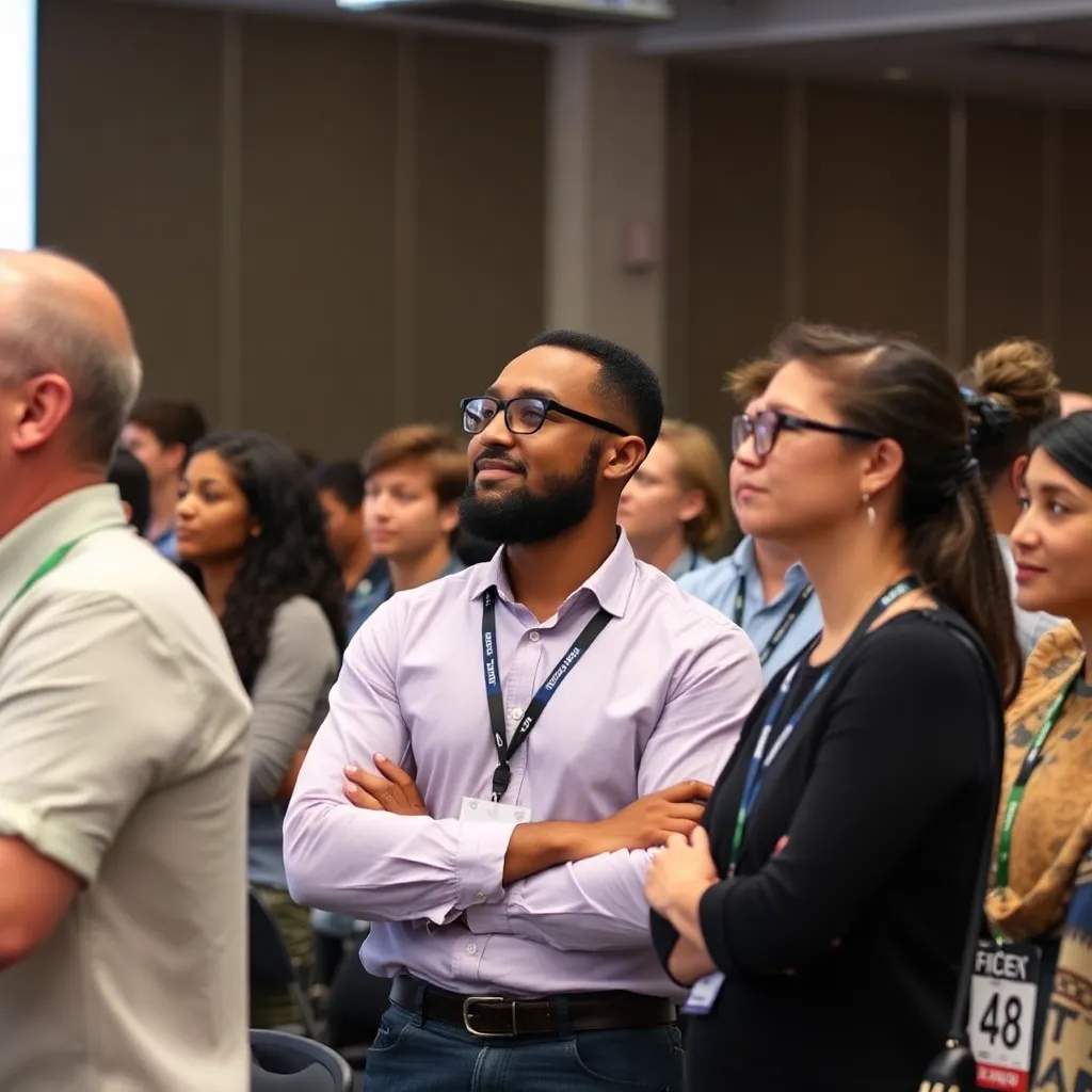 A diverse group of attendees at an AI conference