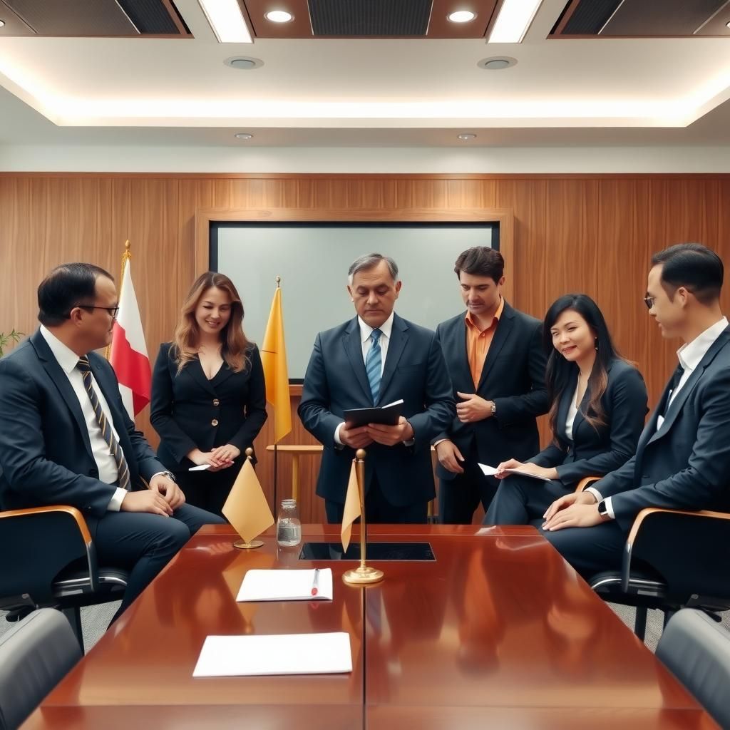 A group of professional lawyers in a meeting room discussing a case