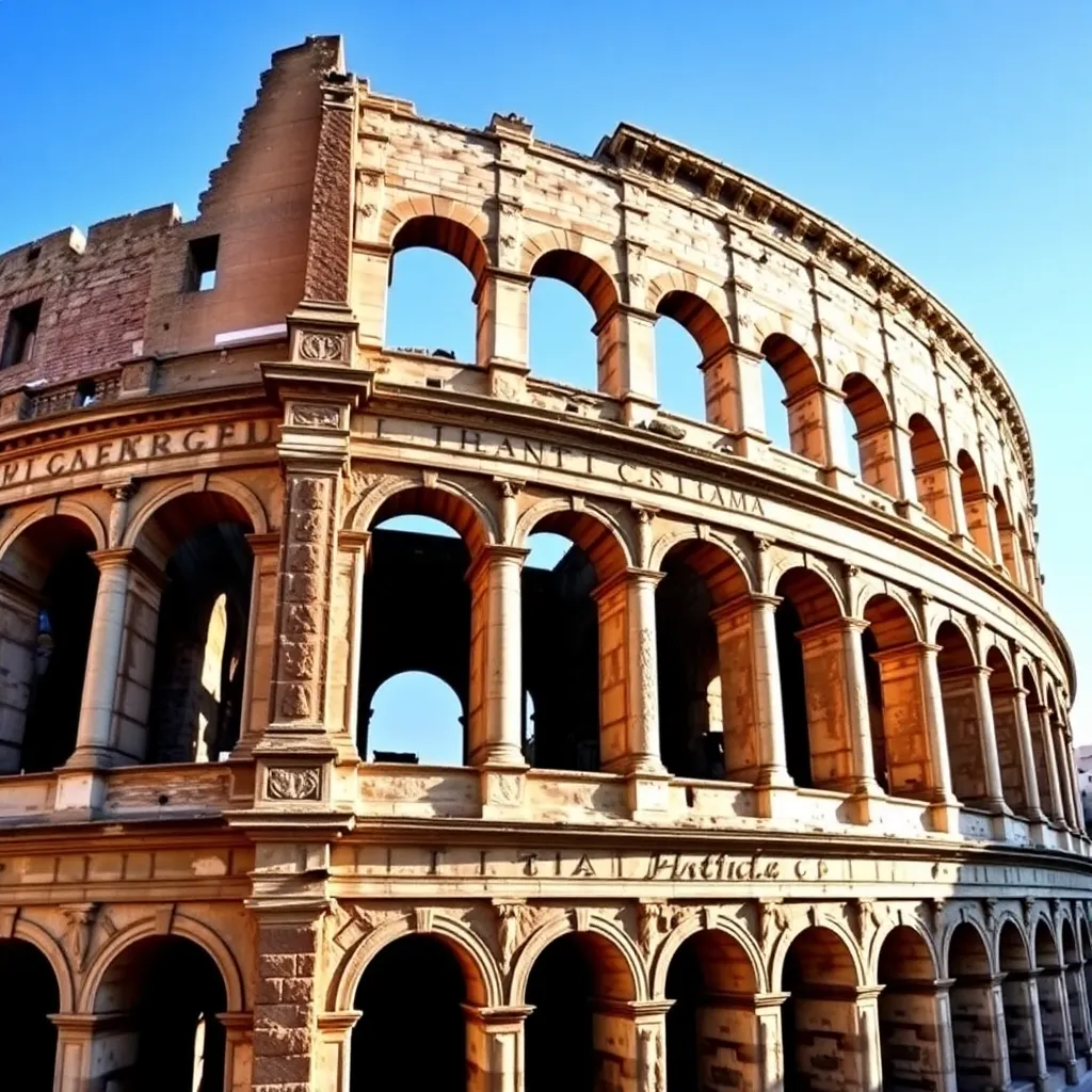 The ancient Roman Colosseum in Rome, Italy, with its iconic arches and elliptical structure
