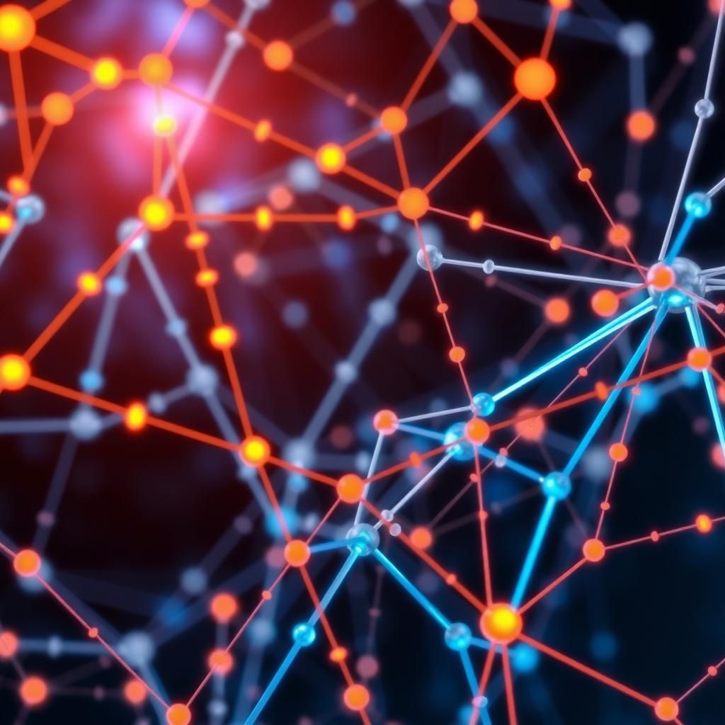 Neural network visualization showing interconnected nodes with orange and blue lighting effects, representing advanced AI systems