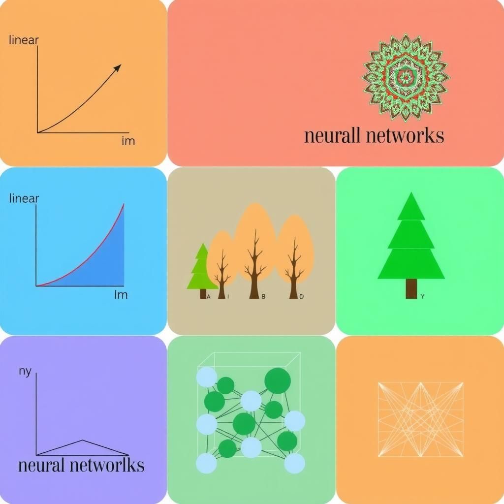 Illustration of key machine learning algorithms: linear regression, decision trees, and neural networks