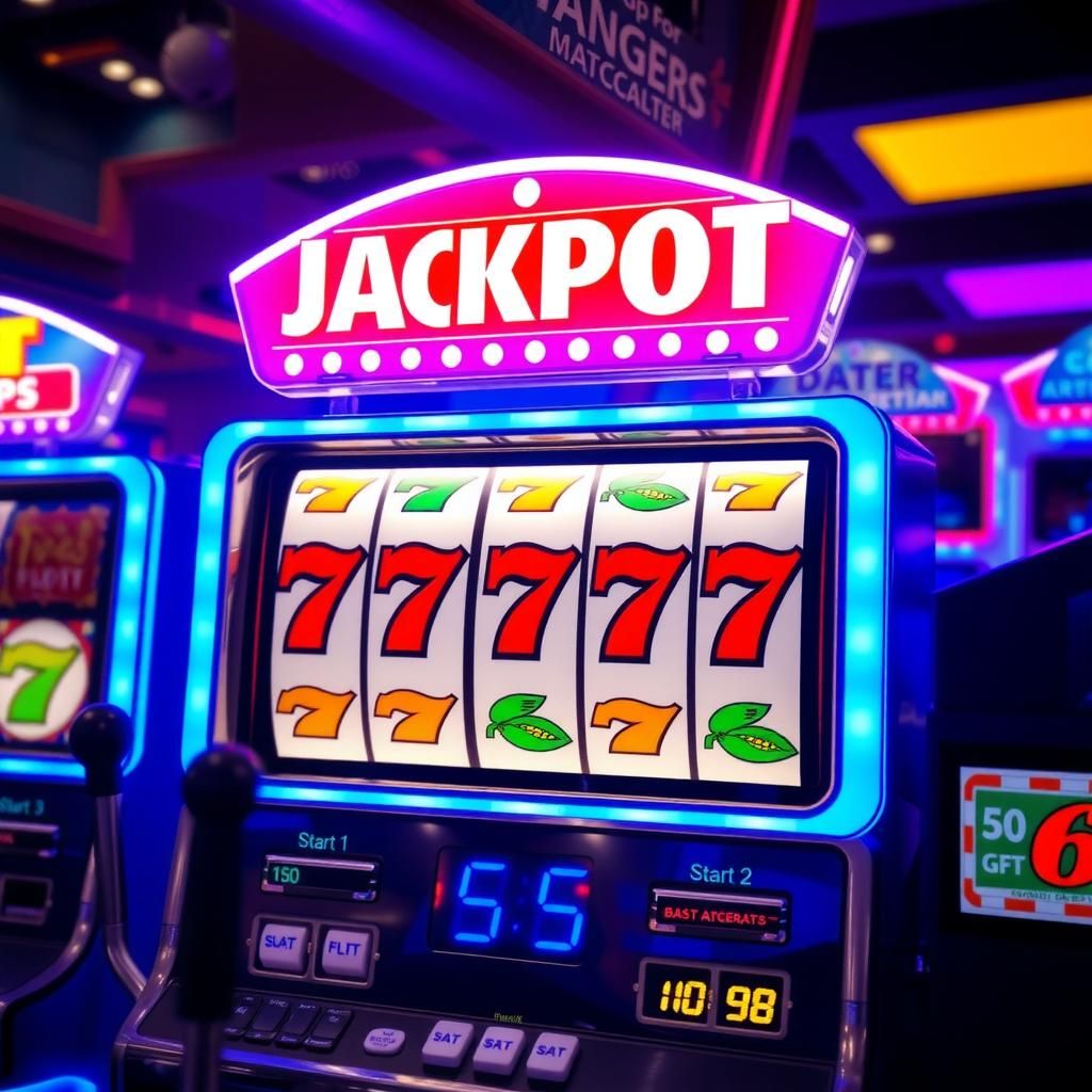 Slot machines with bright lights and a jackpot sign