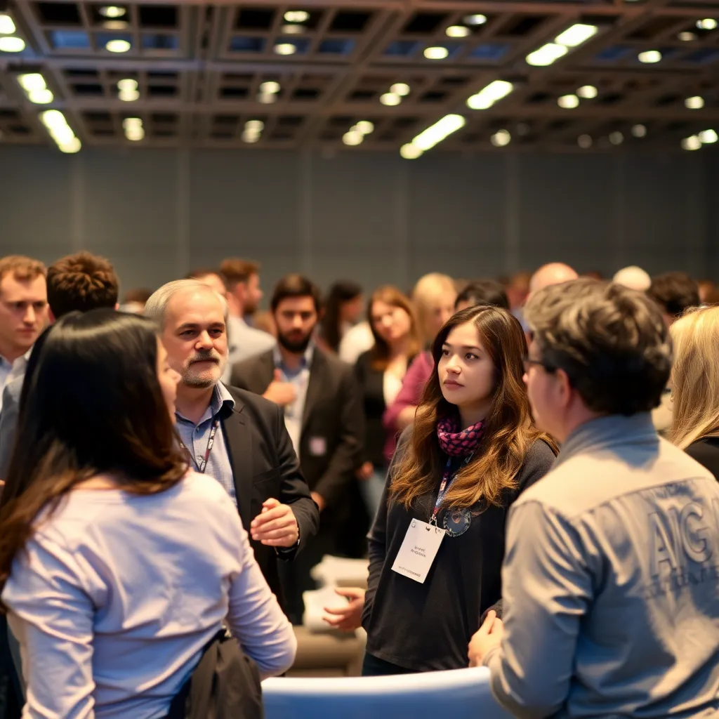 Attendees engaging in a discussion at an AI conference