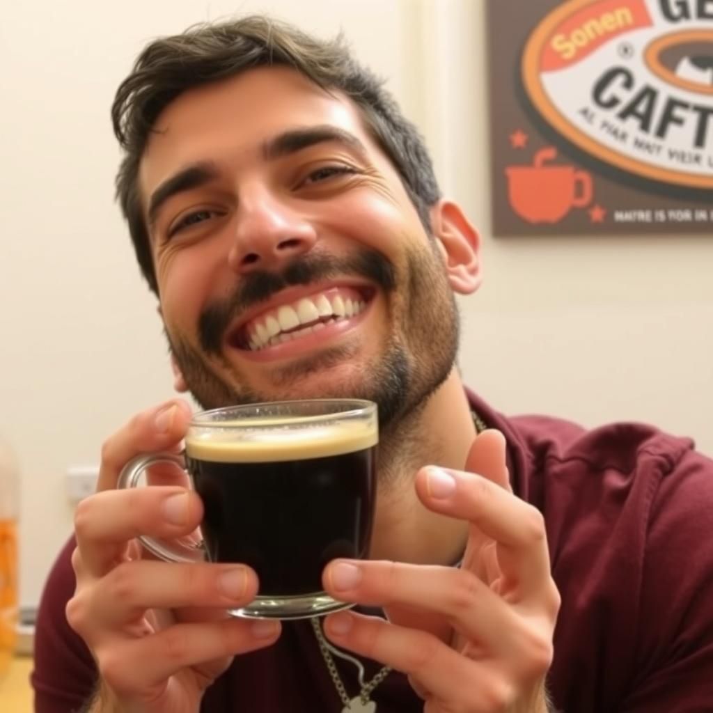 Homem sorrindo com uma xícara de café