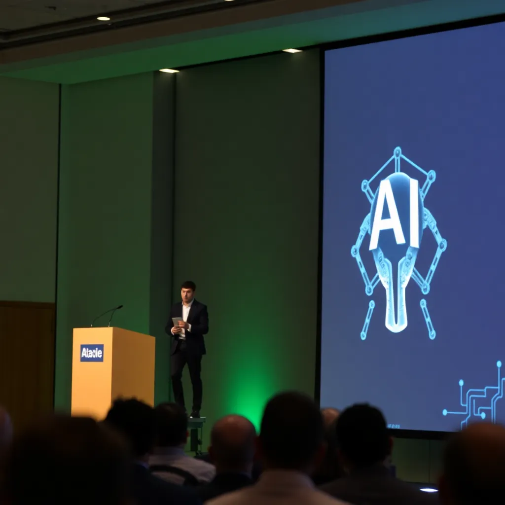 A speaker giving a presentation on AI advancements at a conference