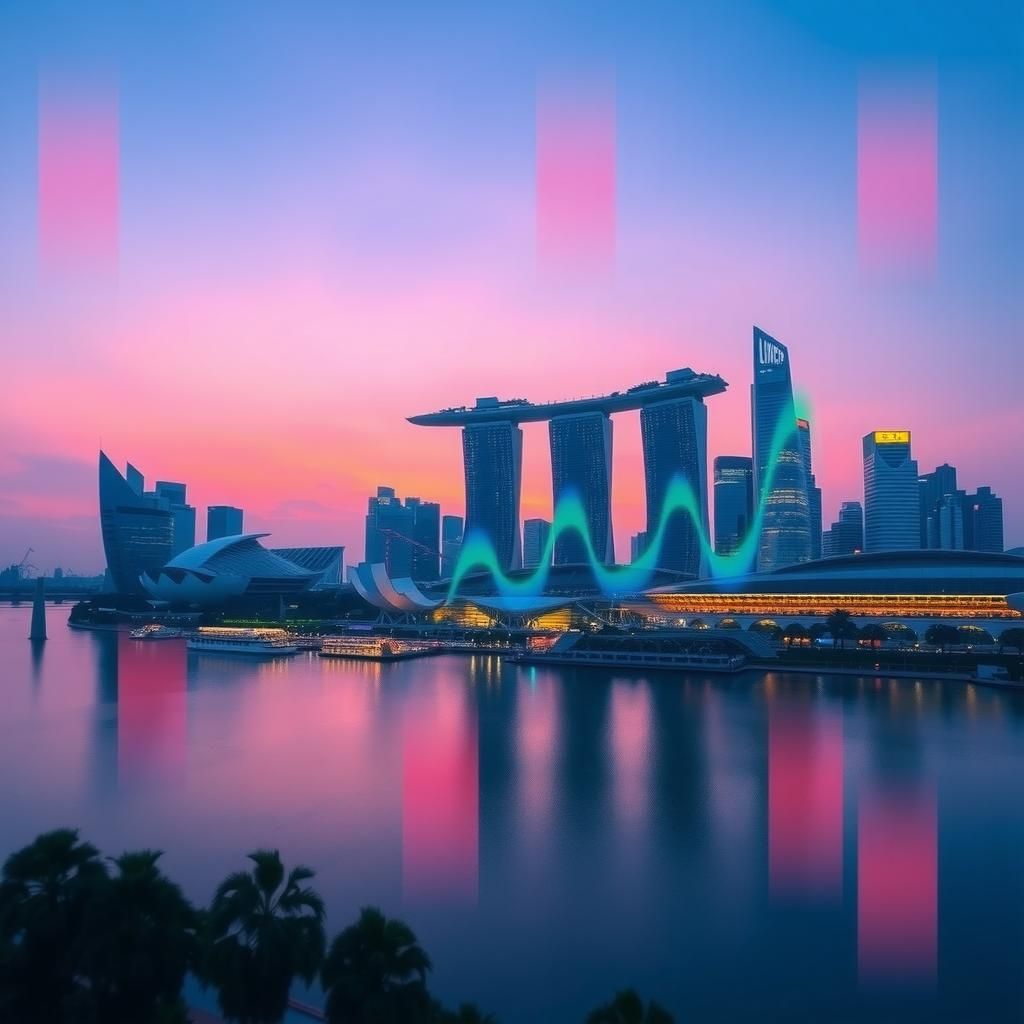Singapore skyline with digital data overlays representing AI policy innovation