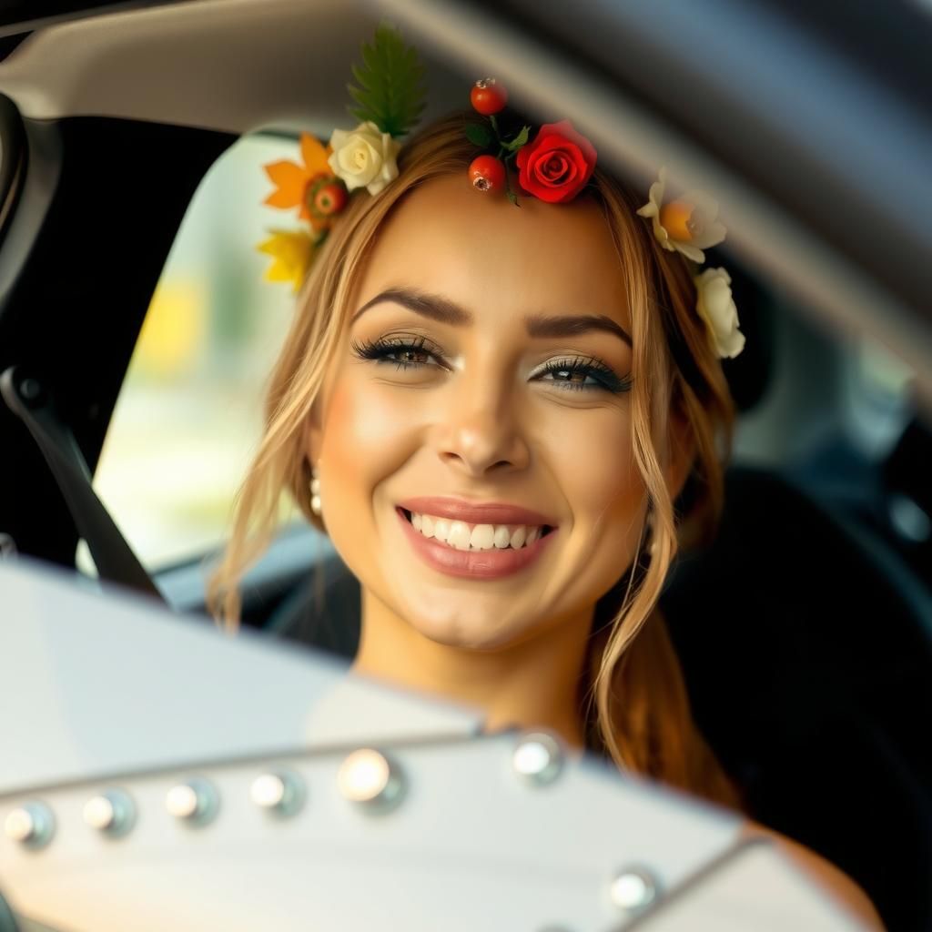 Mulher sorrindo dentro de um carro