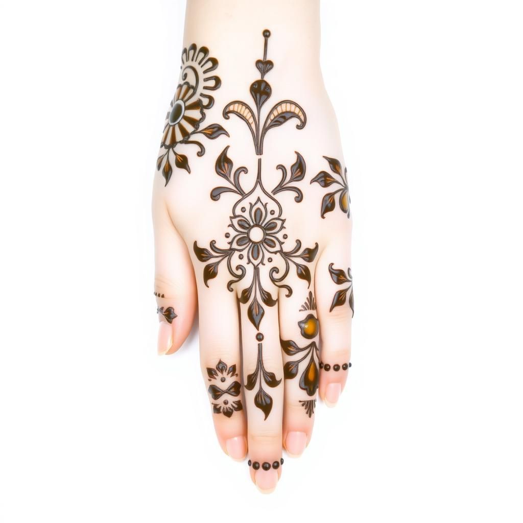 Traditional mehndi pattern featuring paisley motifs and fine lines