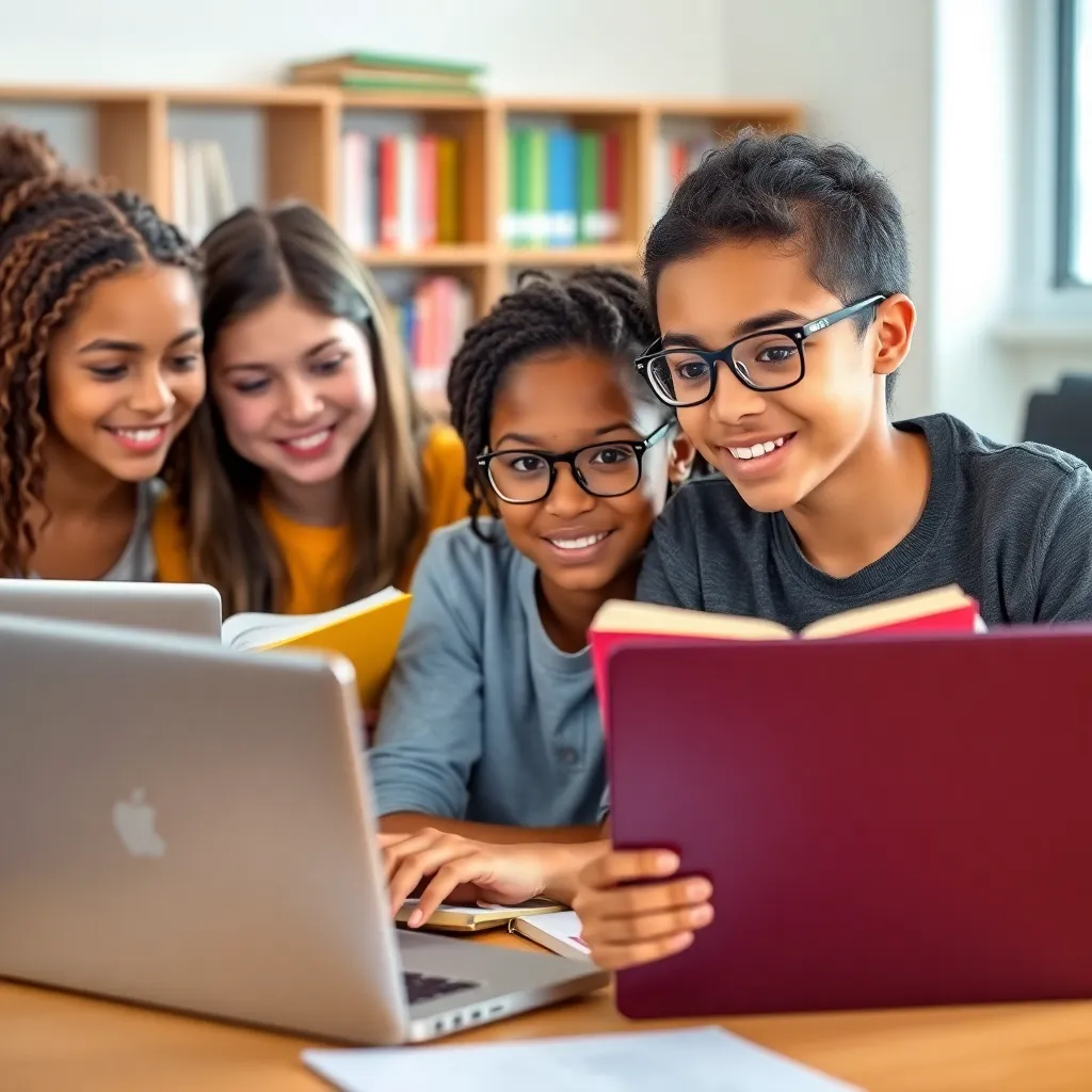 Image of a diverse group of students learning online with laptops and books
