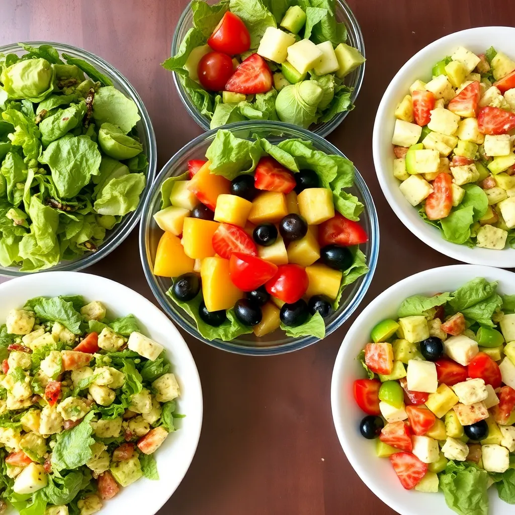 A variety of salads including green salads, fruit salads, and mixed salads