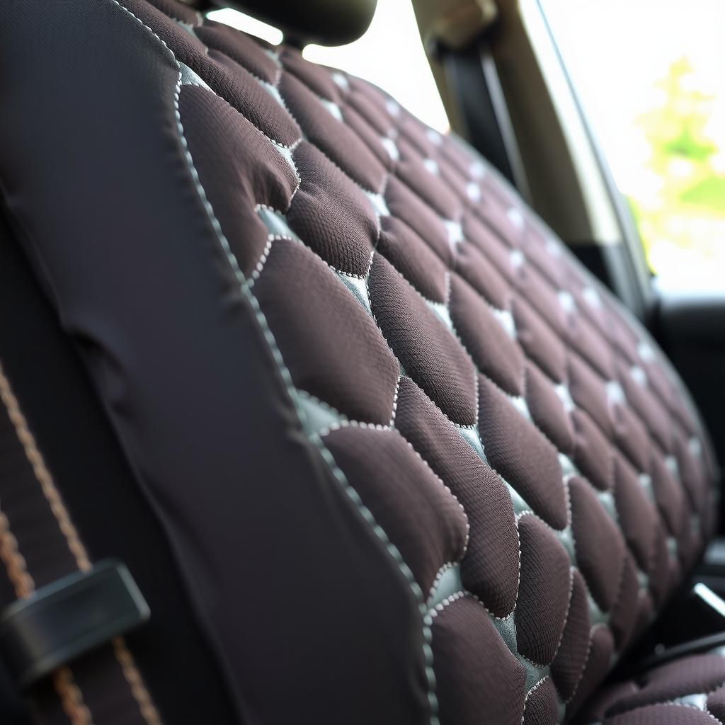 Gambar dekat sarung kusyen kereta dengan jahitan yang rumit