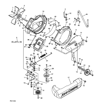 John Deere Power Flow Material Collection System (50-IN Mower Deck) -PC2111  Jacksheave,Idlers / Brackets: POWER FLOW BLOWER ASSEMBLY 50 MOWER