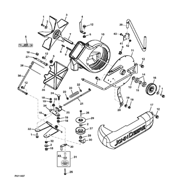 John Deere Power Flow Material Collection System (50-IN Mower Deck) -PC2111  Jacksheave,Idlers / Brackets: POWER FLOW BLOWER ASSEMBLY 50 MOWER