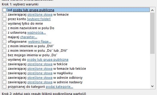 Lista dostępnych warunków do tworzenia reguł w Microsoft Outlook