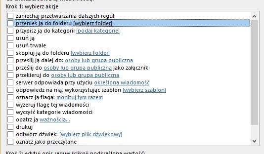 Lista dostępnych akcji do tworzenia reguł w Microsoft Outlook